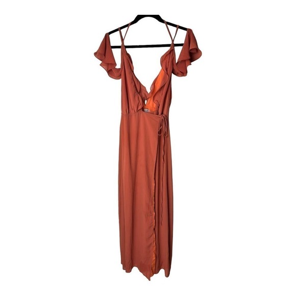 TOBI Off the Shoulder Deep V Neck Maxi Wrap Dress in with Slit Burnt Orange - Picture 3 of 7